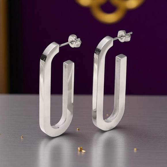 🆕 Bold & Minimalist 18K White Gold Plated Stainless Steel U-Shape Earrings - Picture 11 of 12
